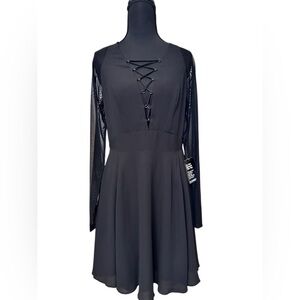Express Elegant Black Lace-Up Long Sheer Sleeve Dress